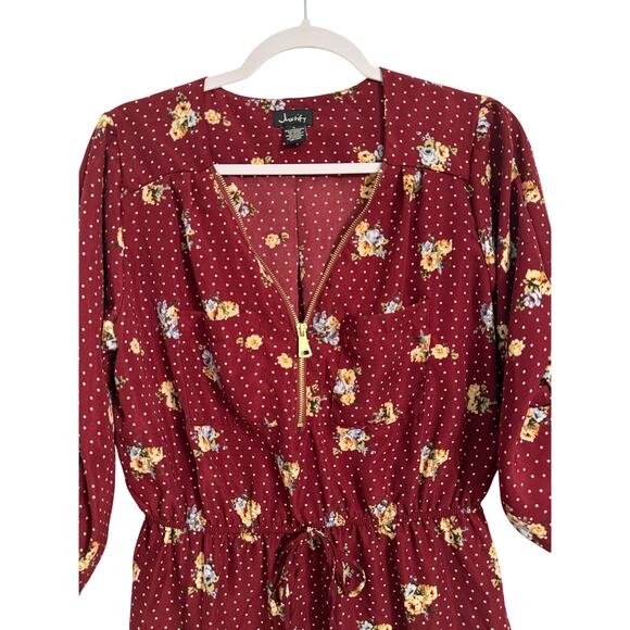 NWT Women's L Cottagecore Floral Polka Dot V Gold Zip Elastic Tie Waist Dress - Picture 5 of 10